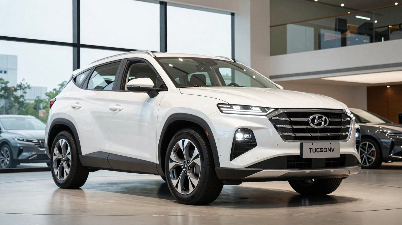 Carro SUV branco Hyundai Tucson V exposto em concessionária moderna com iluminação natural.
