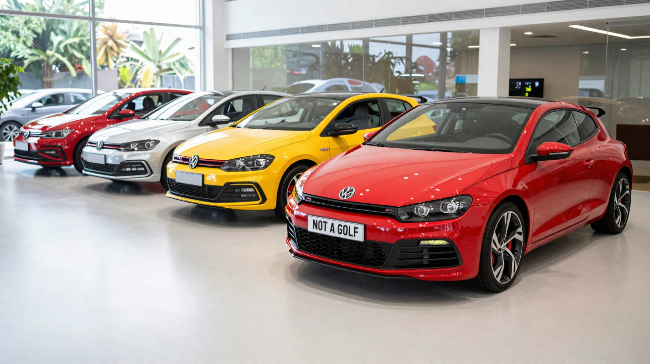 Linha de carros Volkswagen em exposição, incluindo modelos vermelhos, amarelo e branco em salão moderno.