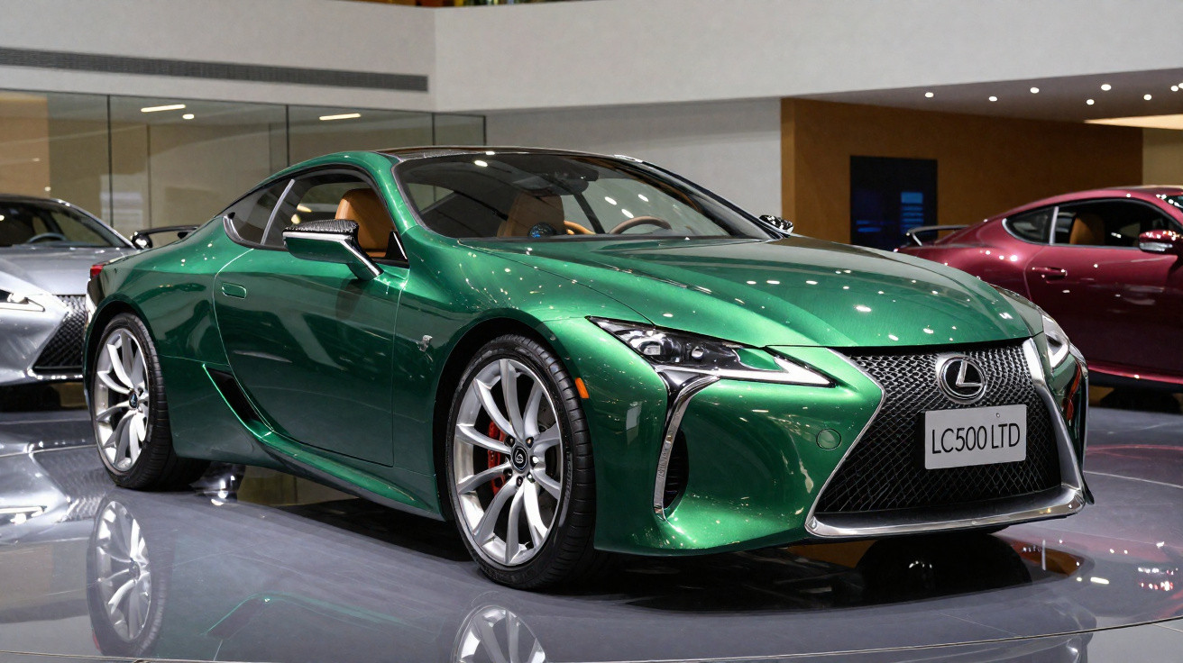 Carro esportivo Lexus LC500 LTD verde em exposição com detalhes em prata e interior bege.