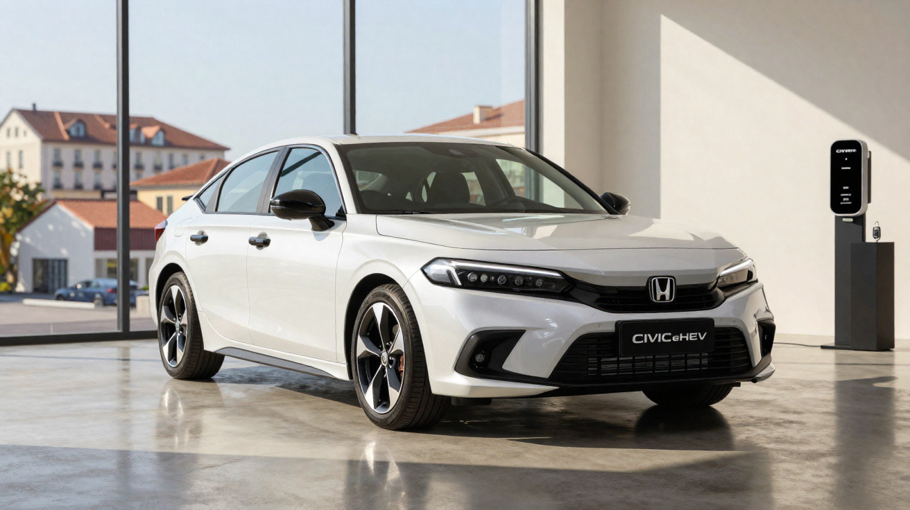Carro sedan branco Honda Civic e:HEV estacionado em garagem com parede branca e janela grande ao fundo.