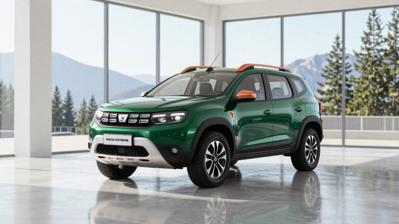 SUV verde Dacia Extreme com detalhes laranja estacionado em ambiente interno moderno e iluminado.