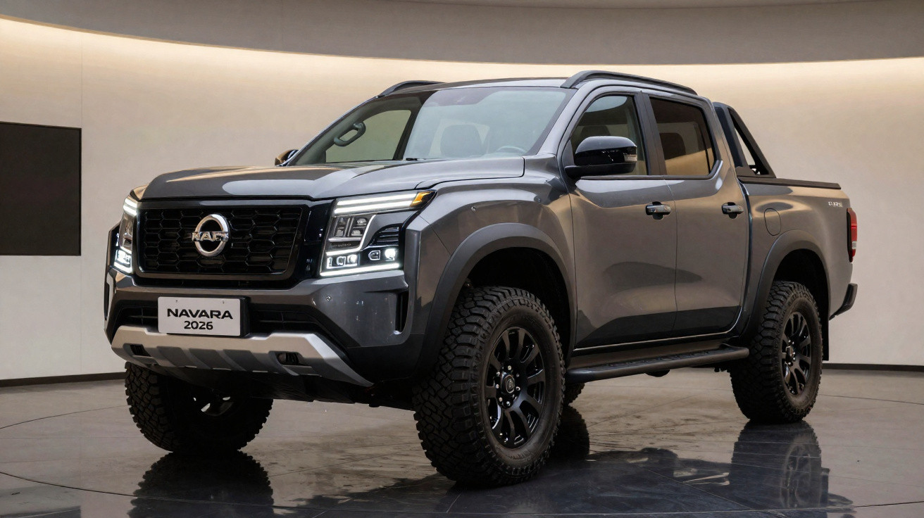 Picape Nissan Navara 2026 cinza, com rodas robustas, mostrada em ambiente interno iluminado.
