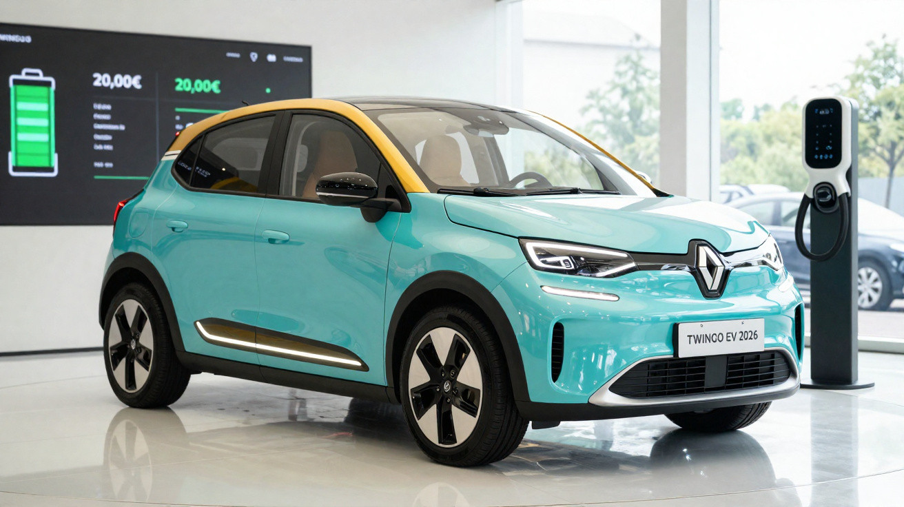 Carro elétrico Renault Twingo EV 2026 azul com teto amarelo, carregando em estação interna moderna.