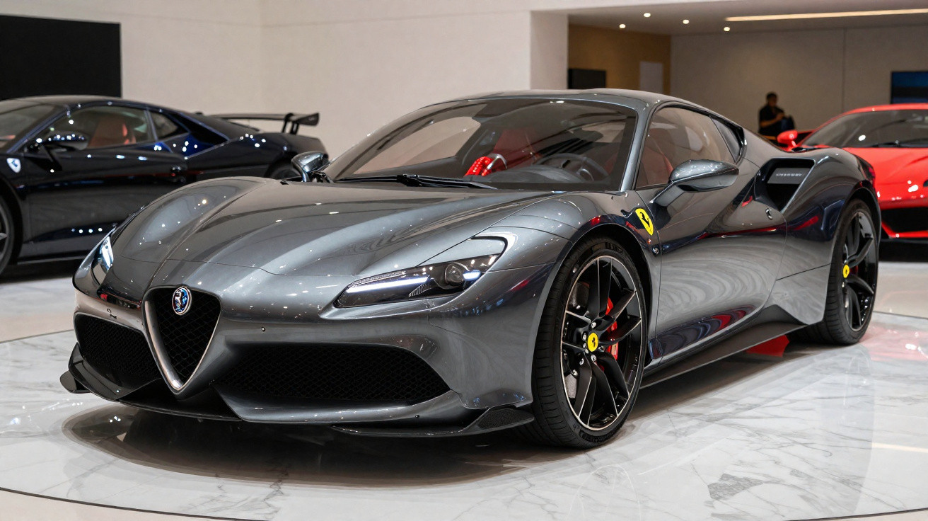 Carro esportivo cinza metálico Alfa Romeo em exposição interna com outros carros ao fundo.