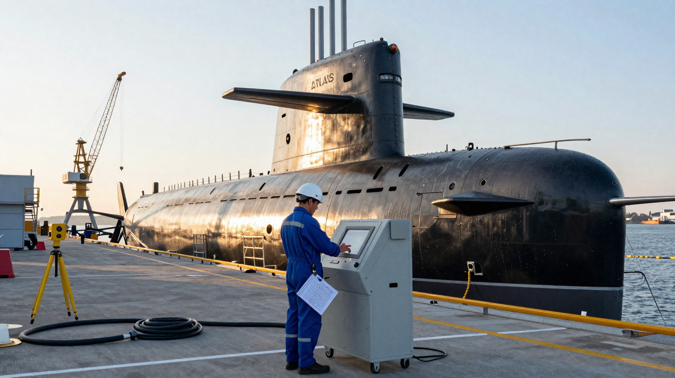 Homem com capacete e macacão azul operando equipamento ao lado do submarino Atlântico no porto.