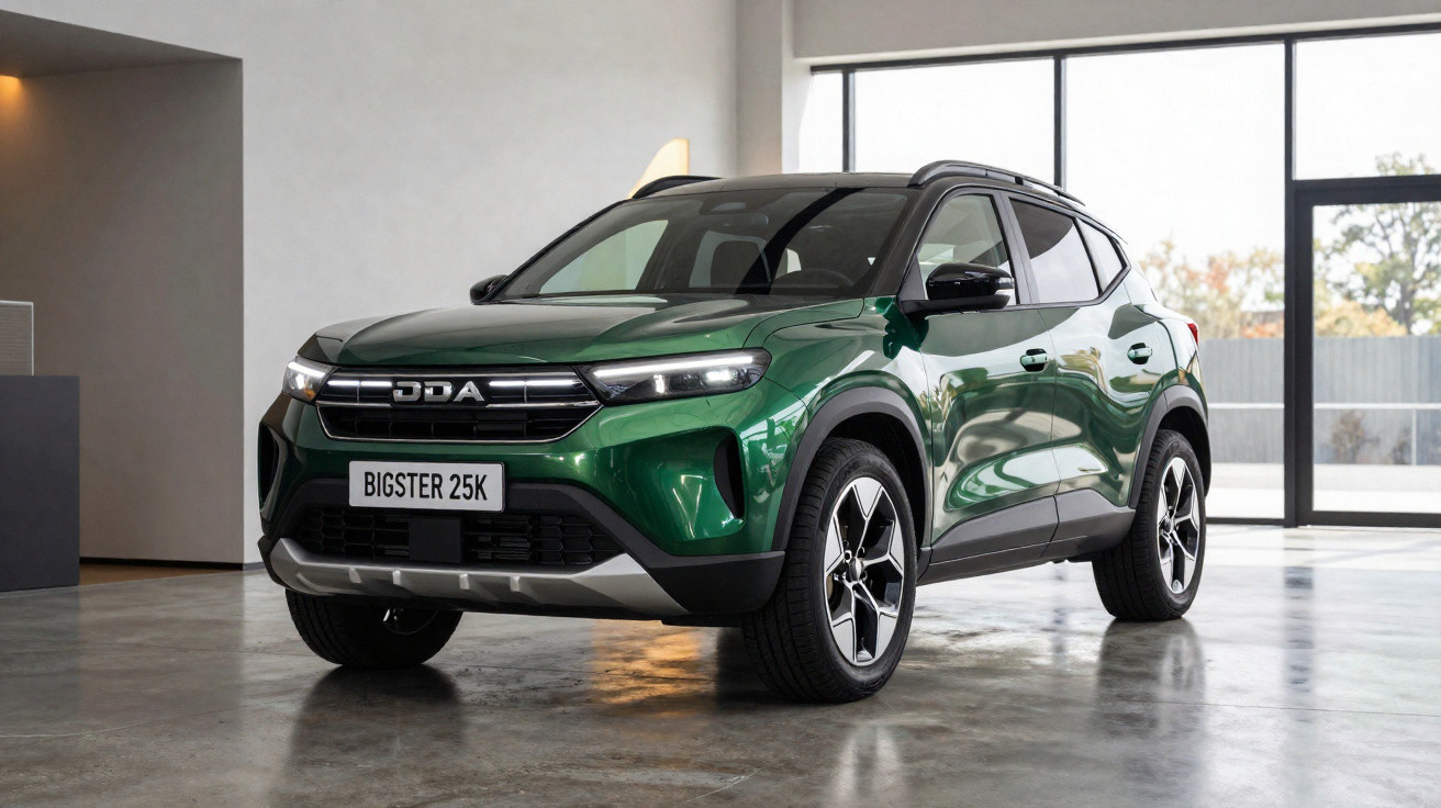 SUV verde DDA Bigster 25K estacionado em ambiente interno com piso de concreto e janelas ao fundo.