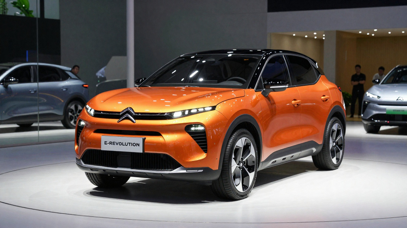 Carro elétrico Citroën E-Revolution laranja exibido em salão automotivo moderno.