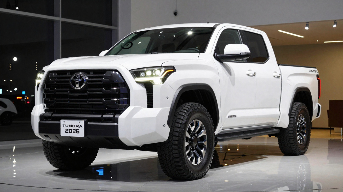 Picape Toyota Tundra 2026 branca exibida em showroom com faróis acesos e pneus off-road.
