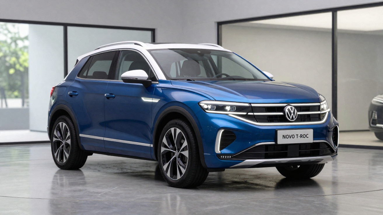 Carro SUV azul Volkswagen Novo T-Roc estacionado em ambiente interno moderno e iluminado.