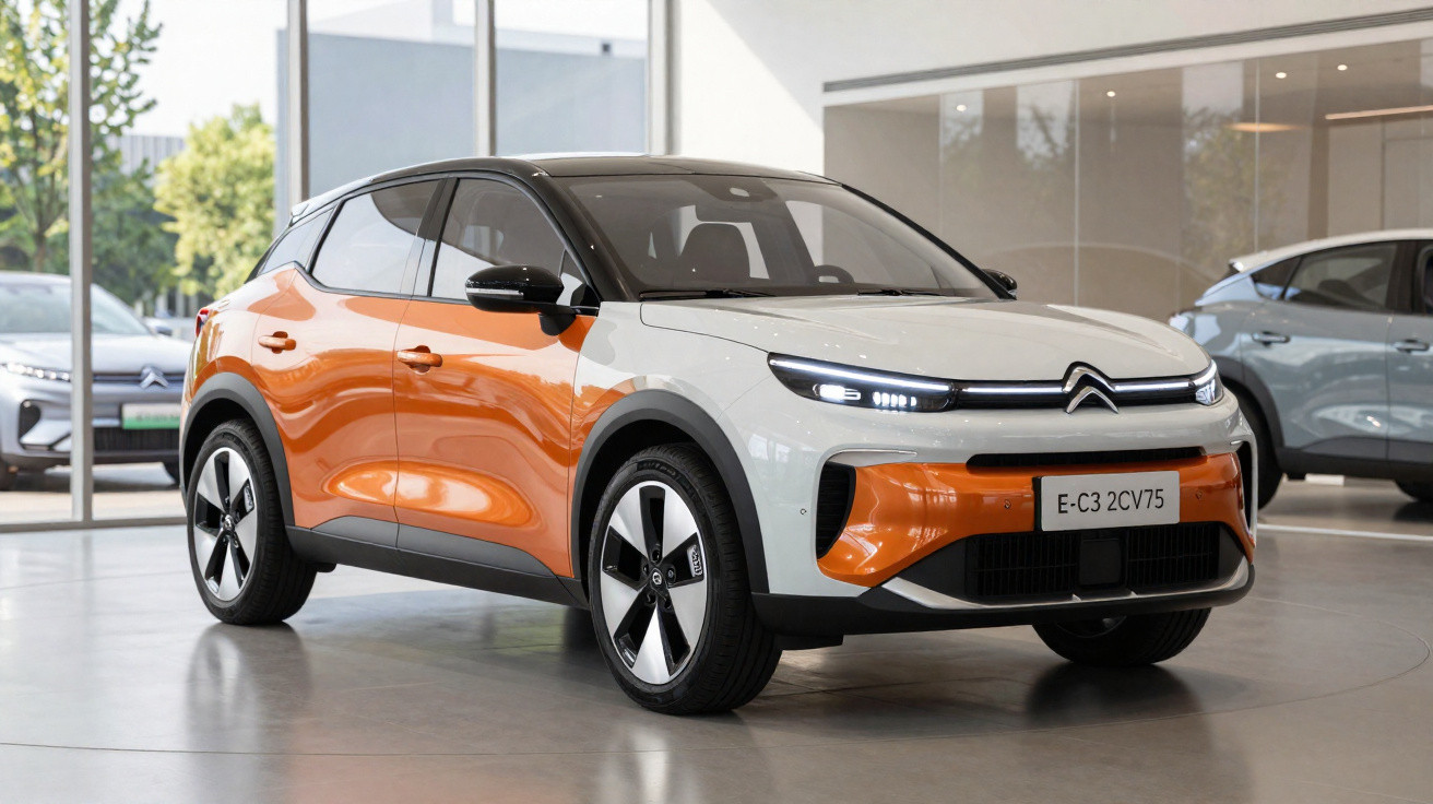 Carro elétrico Citroën E-C3, branco e laranja, exibido em showroom moderno com vidro ao fundo.
