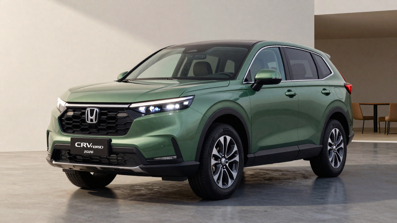 SUV Honda CR-V Hybrid 2026 verde em ambiente interno com iluminação natural suave.