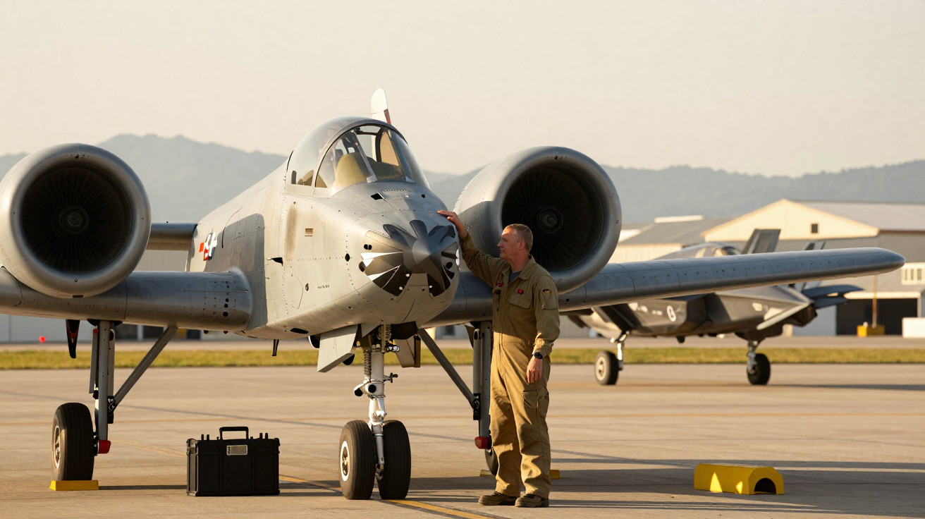 Homem em uniforme toca a frente de avião militar estacionado em hangar com outra aeronave ao fundo.