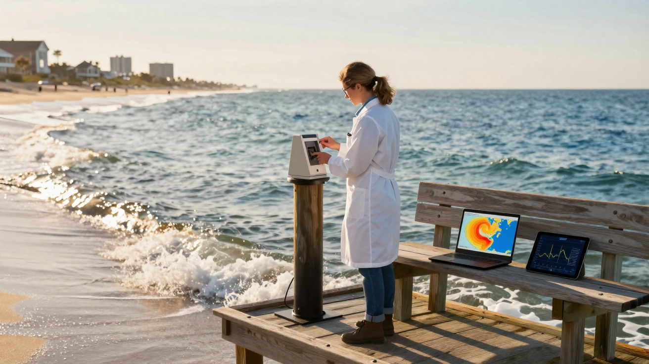 Pesquisadora em jaleco usa equipamento para coleta de dados perto do mar com laptop e tablet em banco de madeira.