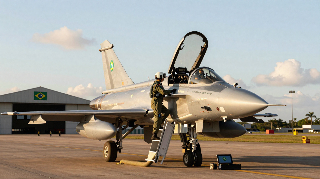 Caça da Força Aérea Brasileira com piloto subindo pela escada na pista de aeroporto militar ao entardecer.