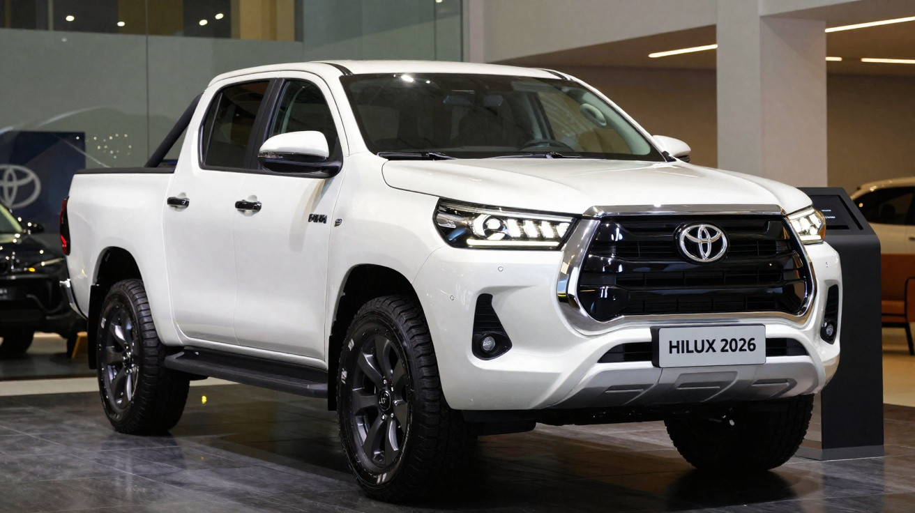 Picape branca Toyota Hilux 2026 exibida em showroom moderno e iluminado.