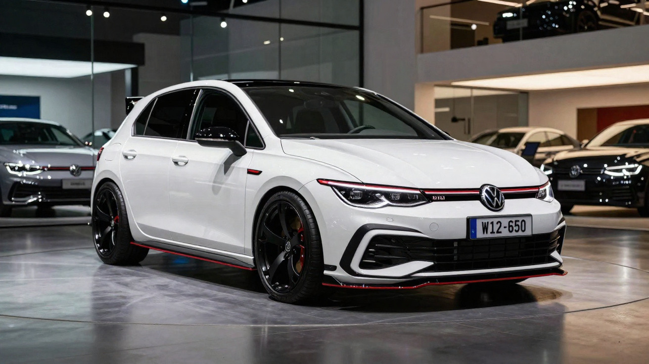 Carro Volkswagen Golf GTI branco com detalhes vermelhos exposto em showroom moderno.