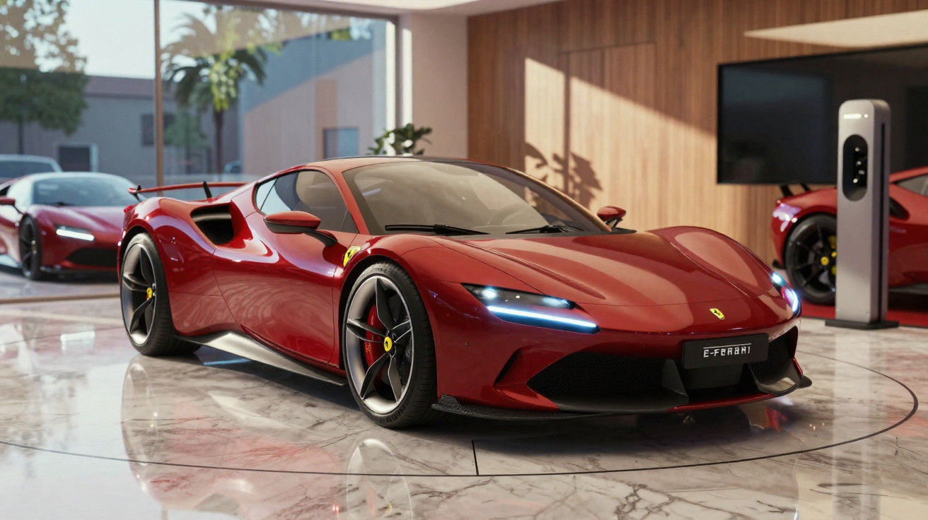 Carro esportivo Ferrari vermelho brilhante em ambiente interno moderno com piso de mármore.