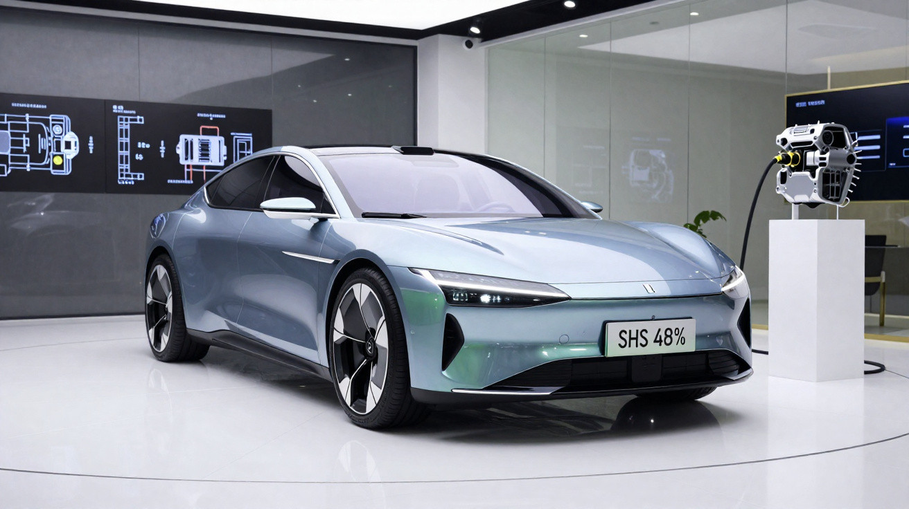Carro elétrico azul metálico moderno em exposição com motor elétrico conectado e painéis explicativos ao fundo.