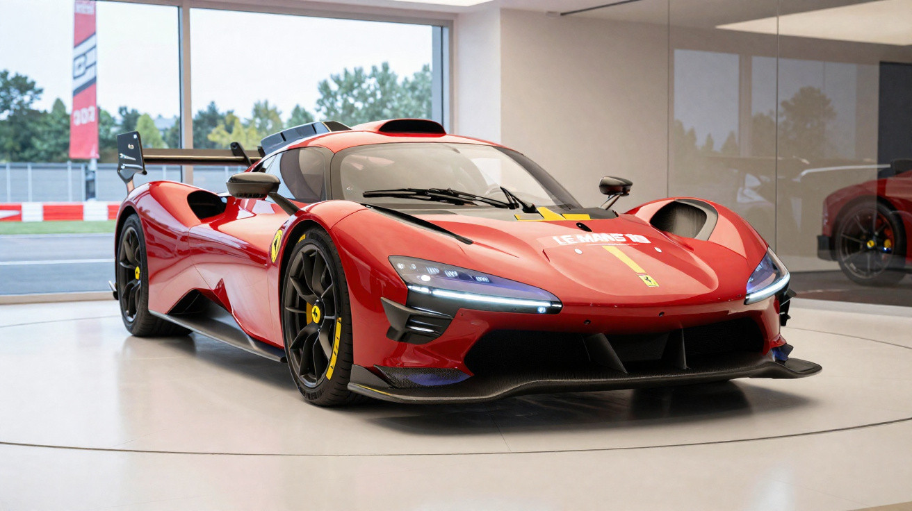 Carro esportivo vermelho Ferrari FXX K Evo em exposição interna com luz natural e rodas pretas.