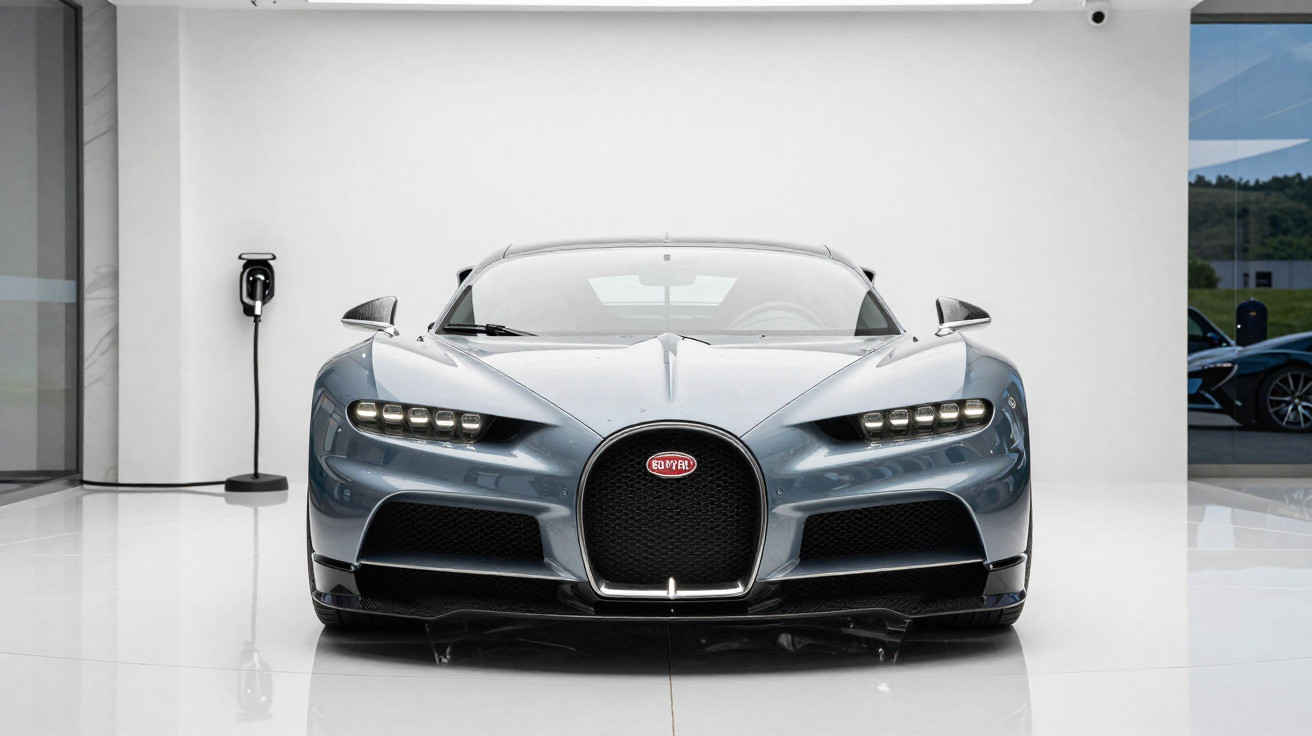 Carro de luxo esportivo elétrico Bugatti cinza, visto de frente em ambiente interno moderno.