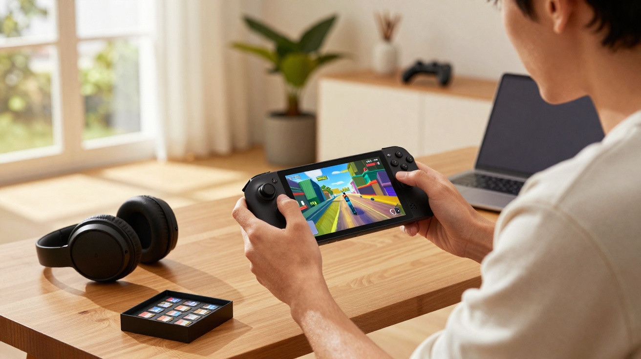 Pessoa usando console portátil para jogar jogo de corrida em uma mesa com fones e notebook ao fundo.