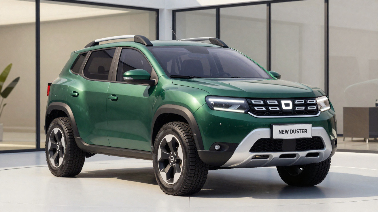 Carro SUV verde Dacia New Duster exibido em ambiente interno moderno com janelas de vidro.