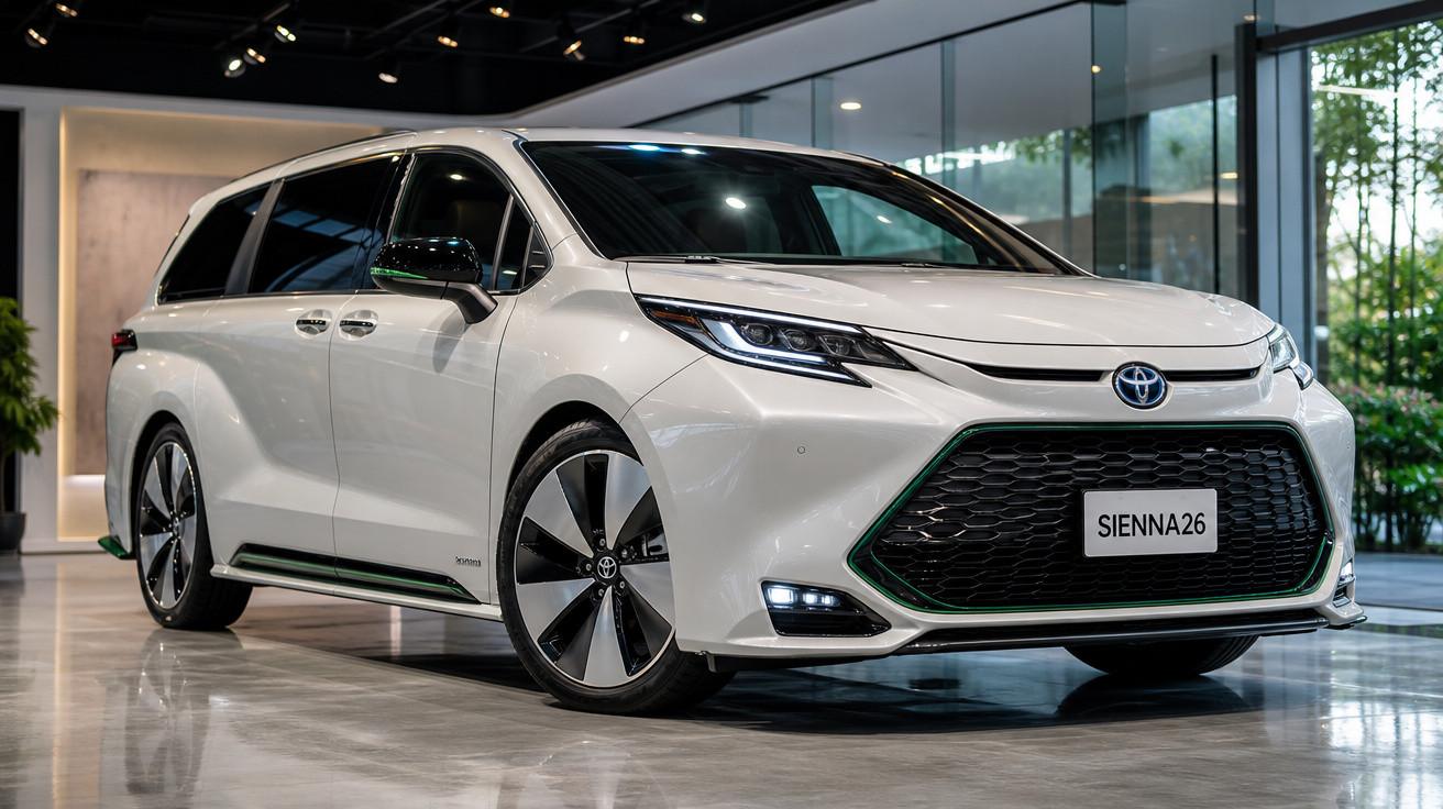 Minivan branca Toyota Sienna 2026 em showroom moderno com acabamento cromado e rodas grandes.