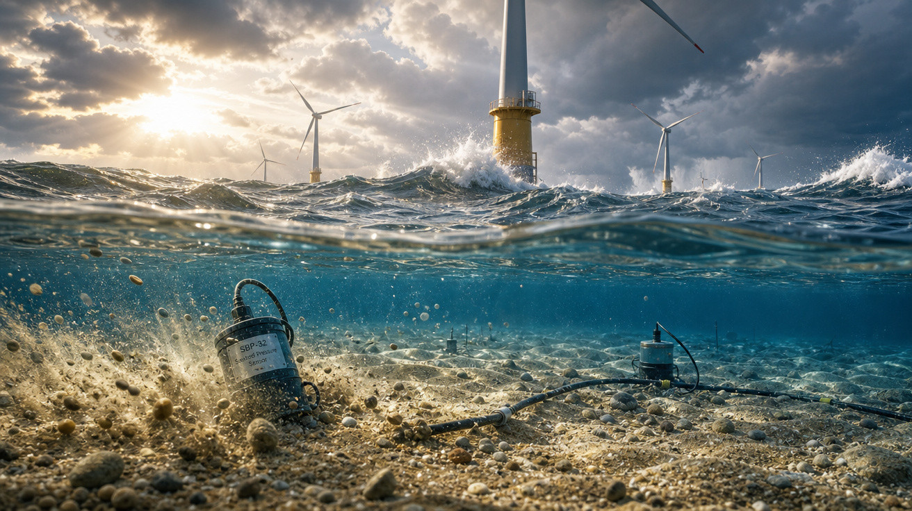 Geradores eólicos no mar com equipamentos subaquáticos monitorando o fundo oceânico.