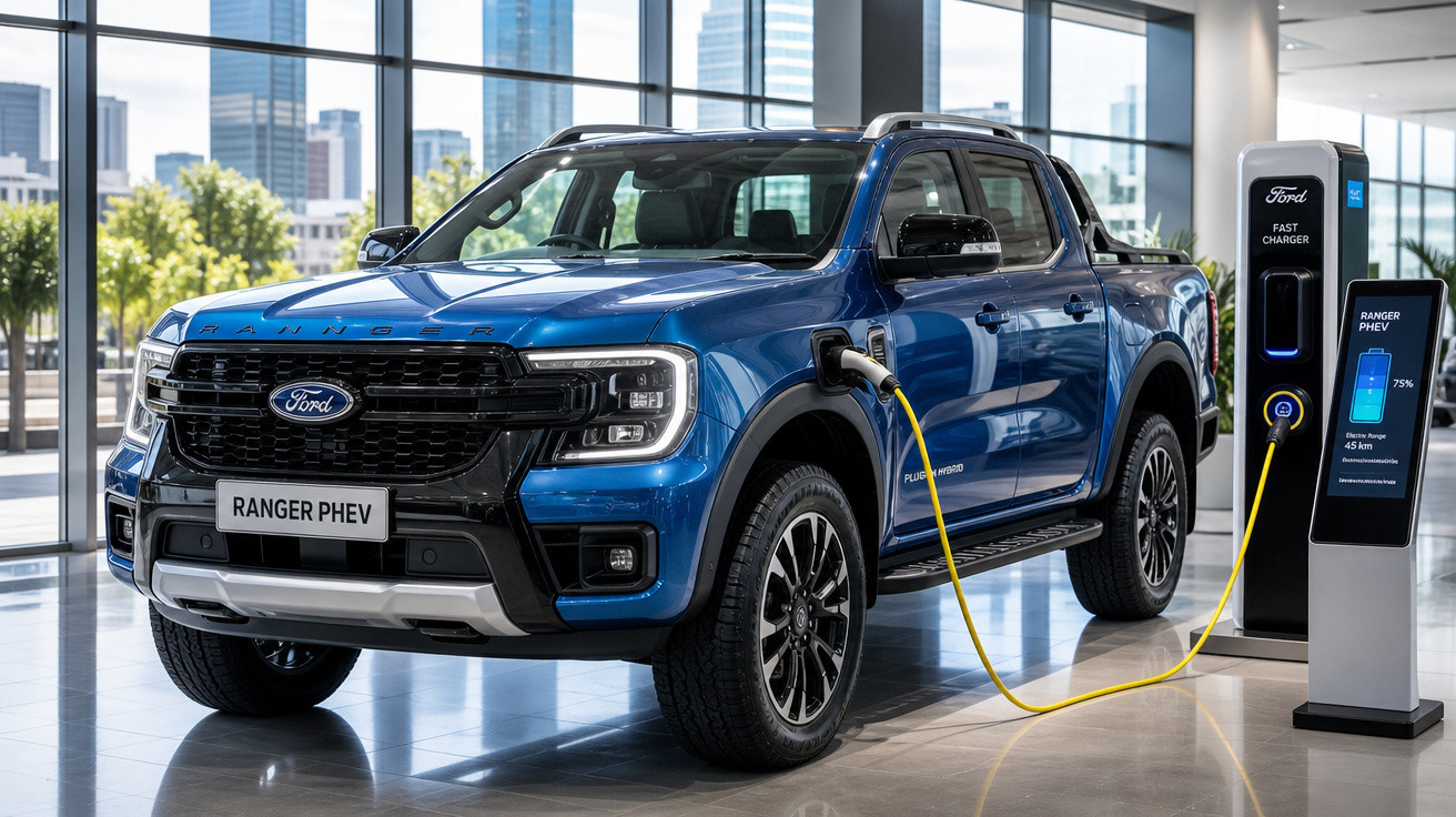 Picape Ford Ranger PHEV azul em carregador elétrico em showroom com vista urbana ao fundo.