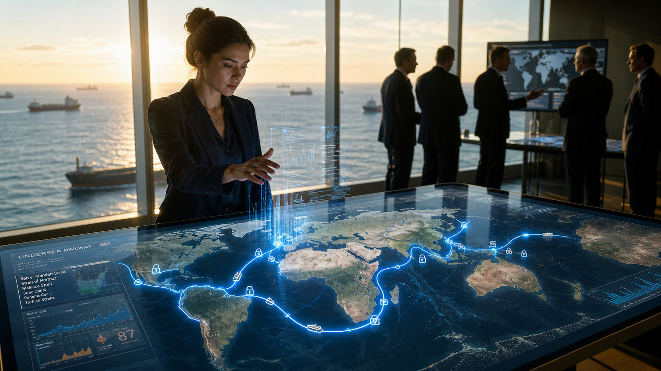 Mulher interage com mapa digital holográfico de rotas marítimas em reunião de negócios no escritório com vista para o mar.