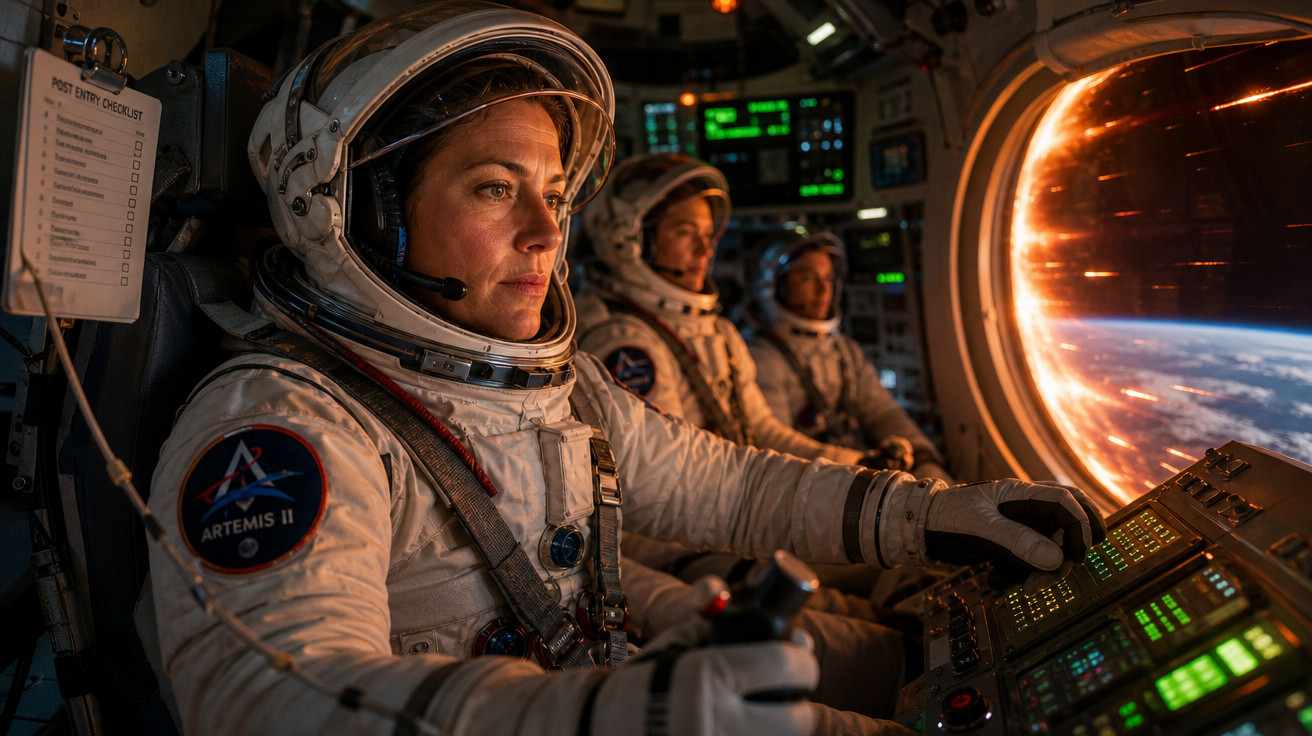 Três astronautas da missão Artemis II dentro da nave espacial, olhando para a Terra pela janela.