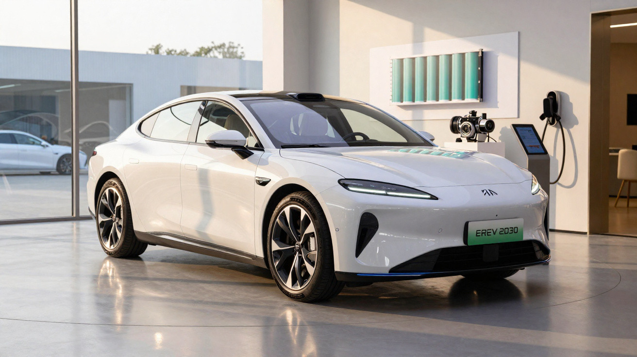 Carro elétrico branco modelo sedan exposto em ambiente interno moderno com paredes claras e janelas de vidro.