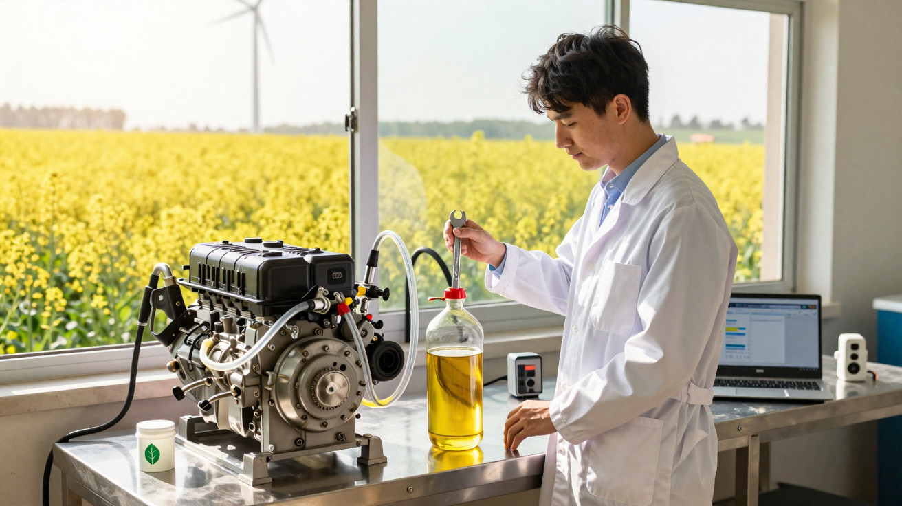 Homem de jaleco branco analisa óleo em laboratório com campo de flores amarelas e moinho de vento ao fundo.