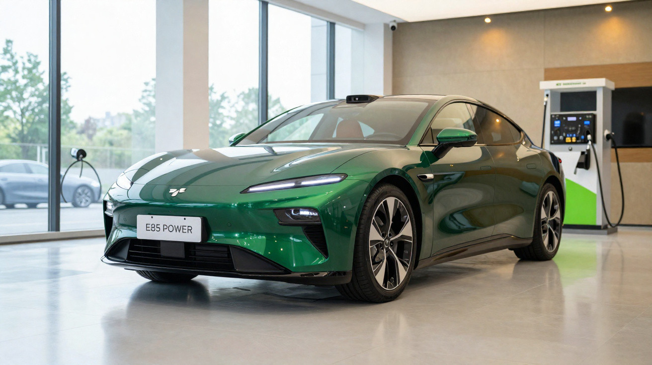 Carro elétrico esportivo verde estacionado em showroom moderno com estação de recarga ao fundo.