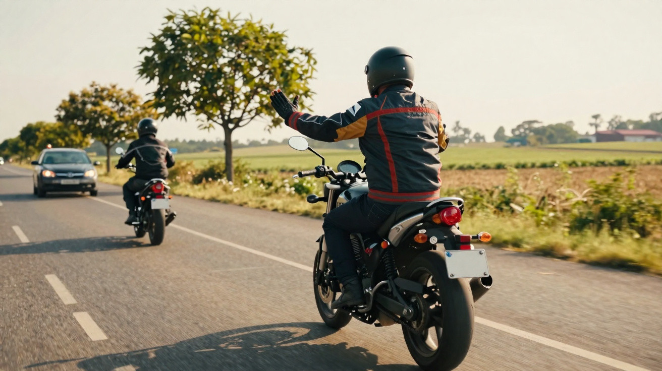 Dois motociclistas na estrada, um deles acenando, com carro e árvores ao fundo em dia ensolarado.