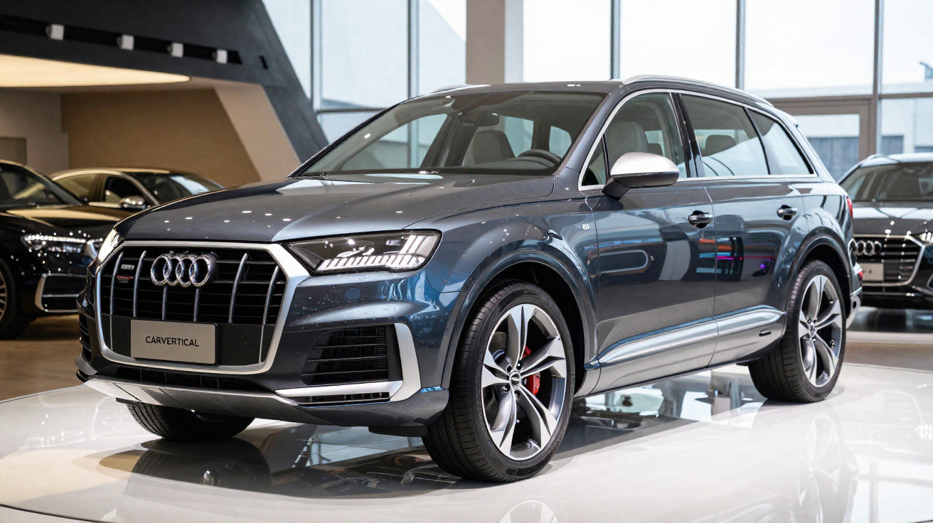 SUV Audi Q7 cinza escuro exibido em showroom moderno e iluminado.