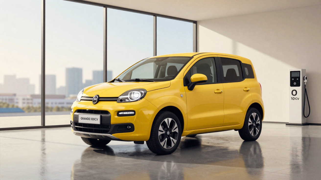 Carro elétrico compacto amarelo estacionado em ambiente interno com estação de recarga ao fundo.