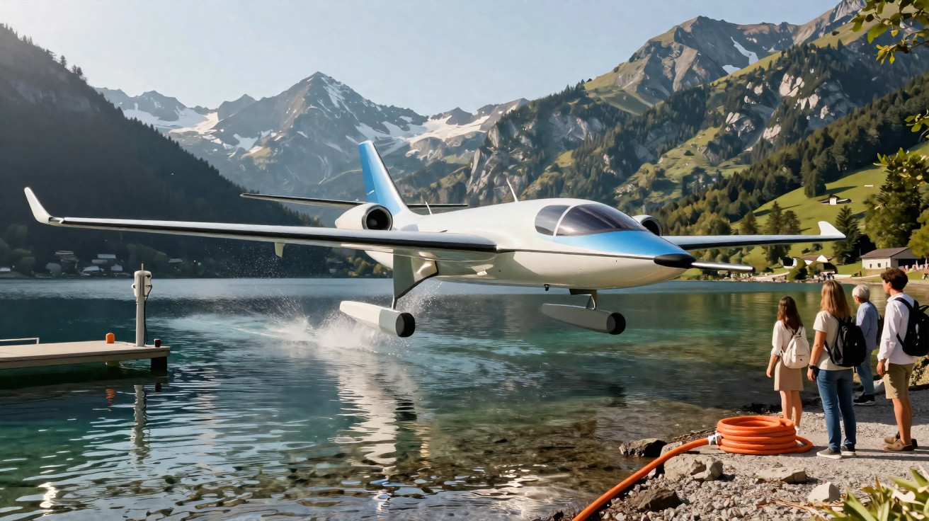 Avião de hidroavião decolando de lago cercado por montanhas com quatro pessoas observando na margem.