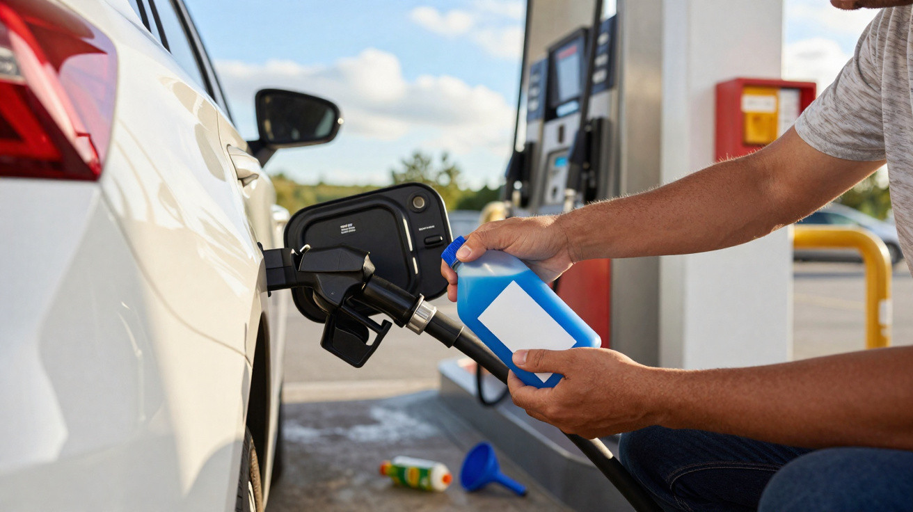 Pessoa segurando recipiente azul junto à bomba de combustível de um carro branco em posto de gasolina.