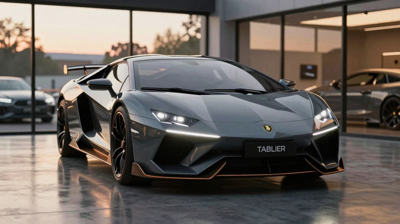 Carro esportivo preto estacionado em showroom com luzes ligadas ao anoitecer.