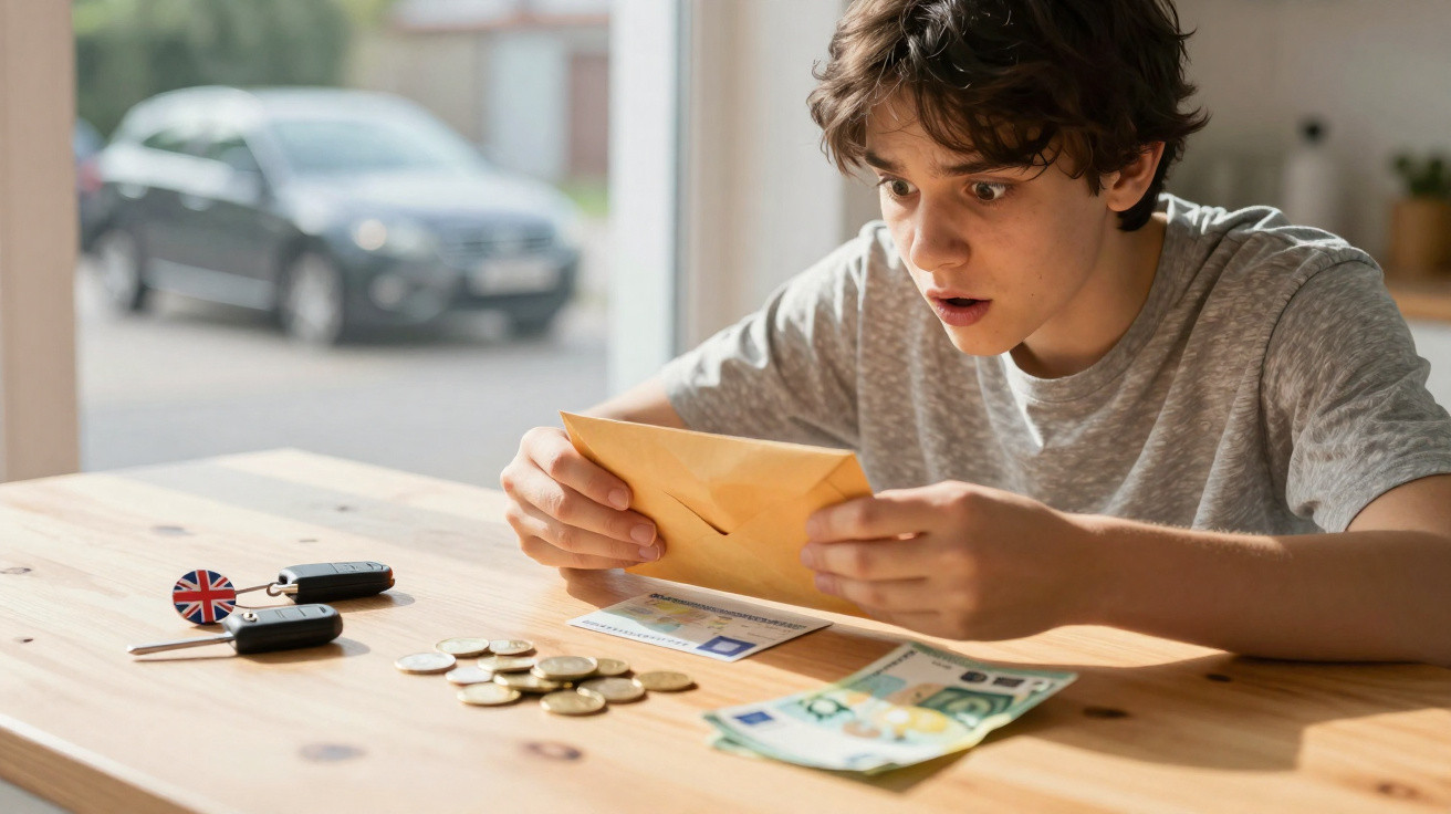 Jovem surpreso abre envelope sentado à mesa com moedas, notas de euro e chaves de carro.
