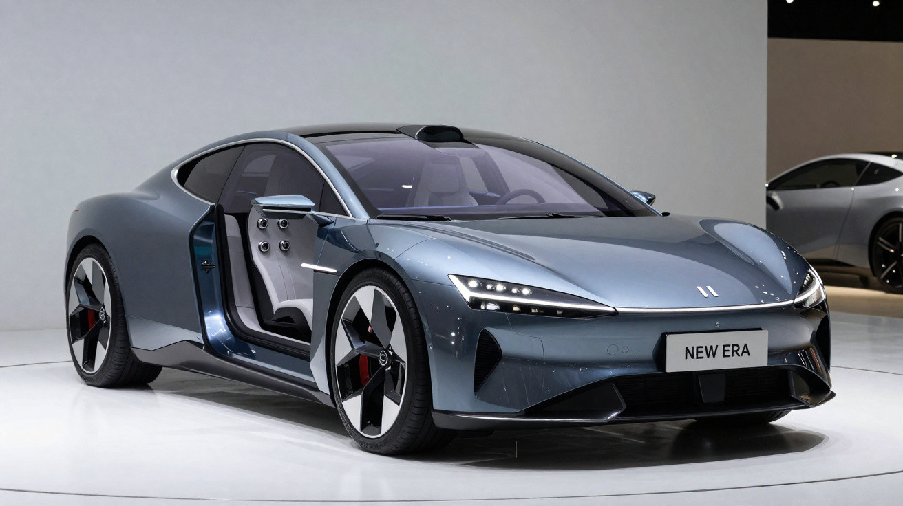 Carro esportivo elétrico cinza com porta aberta e design futurista em exposição.