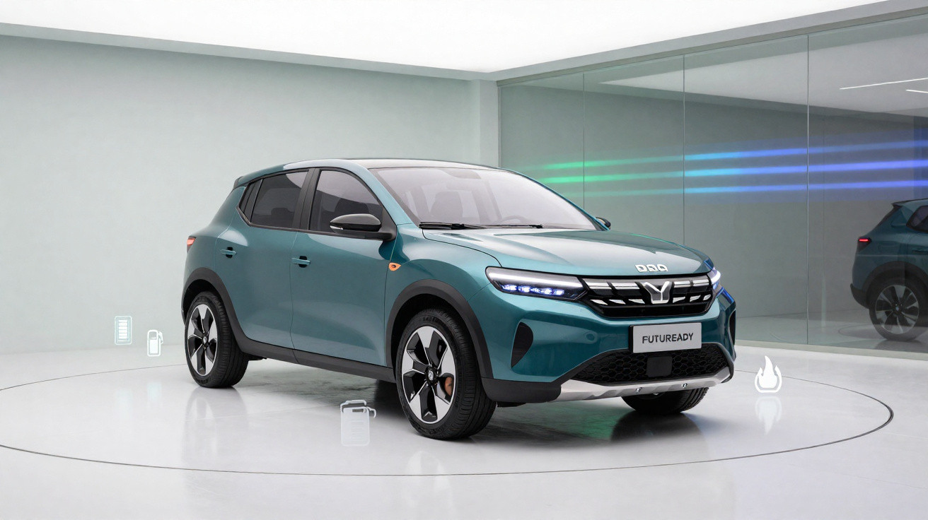 Carro elétrico moderno verde com faróis de LED, exibido em ambiente minimalista e futurista.