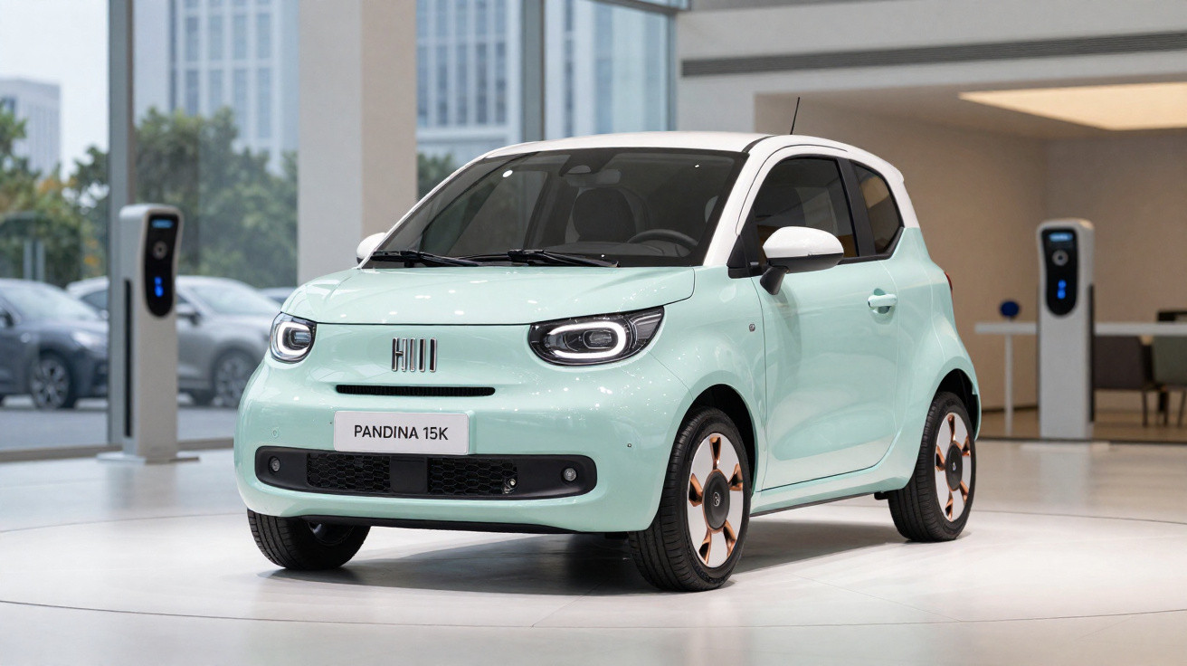 Carro elétrico compacto verde claro com teto branco exibido em showroom moderno e iluminado.