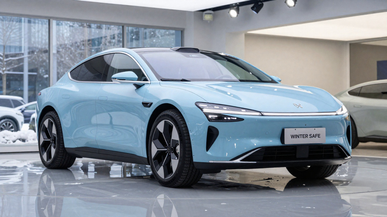 Carro elétrico azul claro exibido em showroom moderno com piso brilhante e iluminação direcionada.