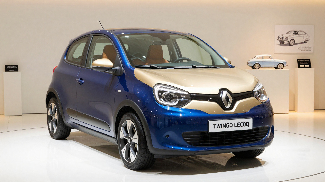Carro compacto Renault Twingo Lecoq azul com capô bege exibido em showroom iluminado.