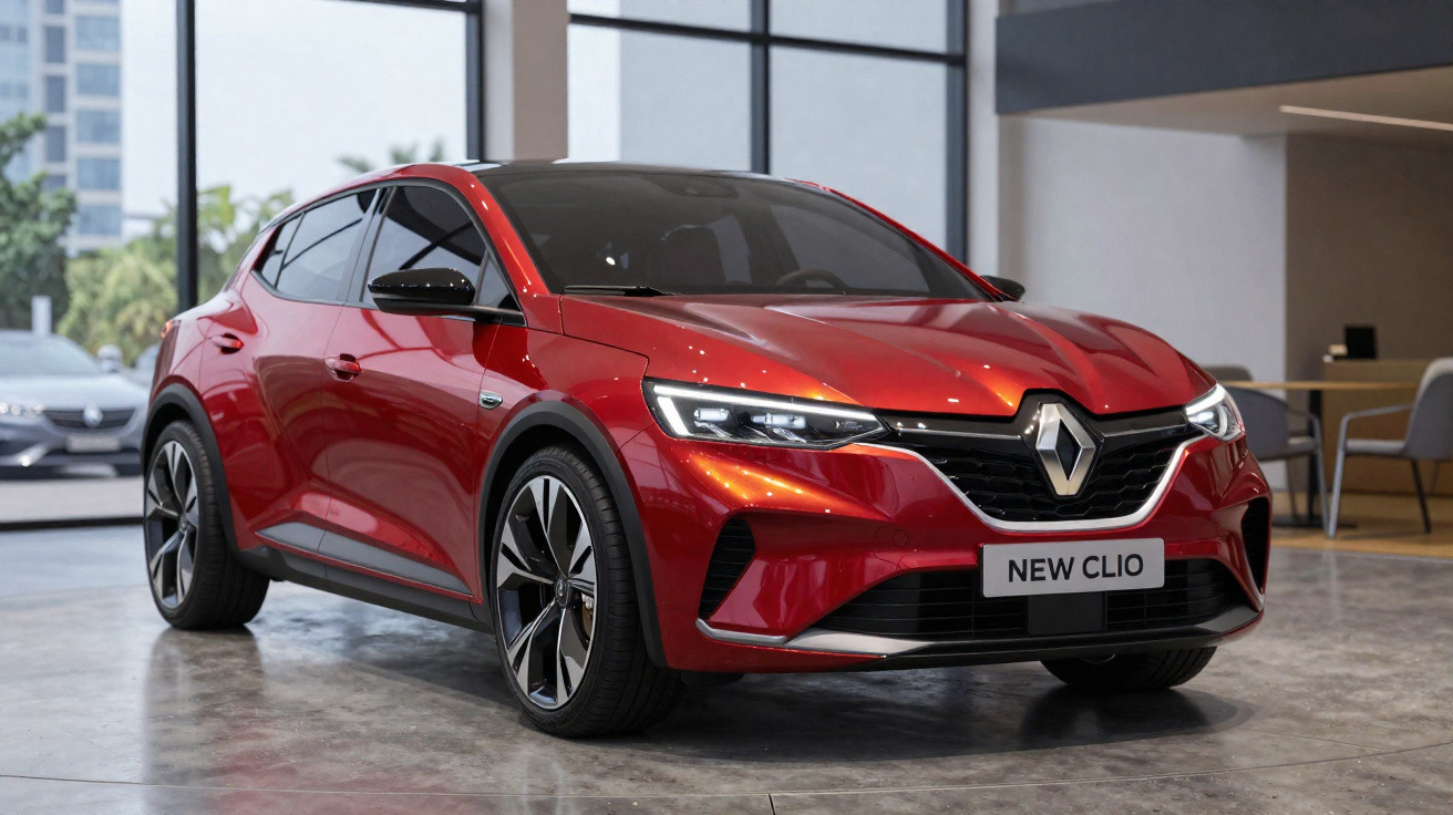 Carro vermelho Renault New Clio estacionado em ambiente interno moderno com janelas grandes.