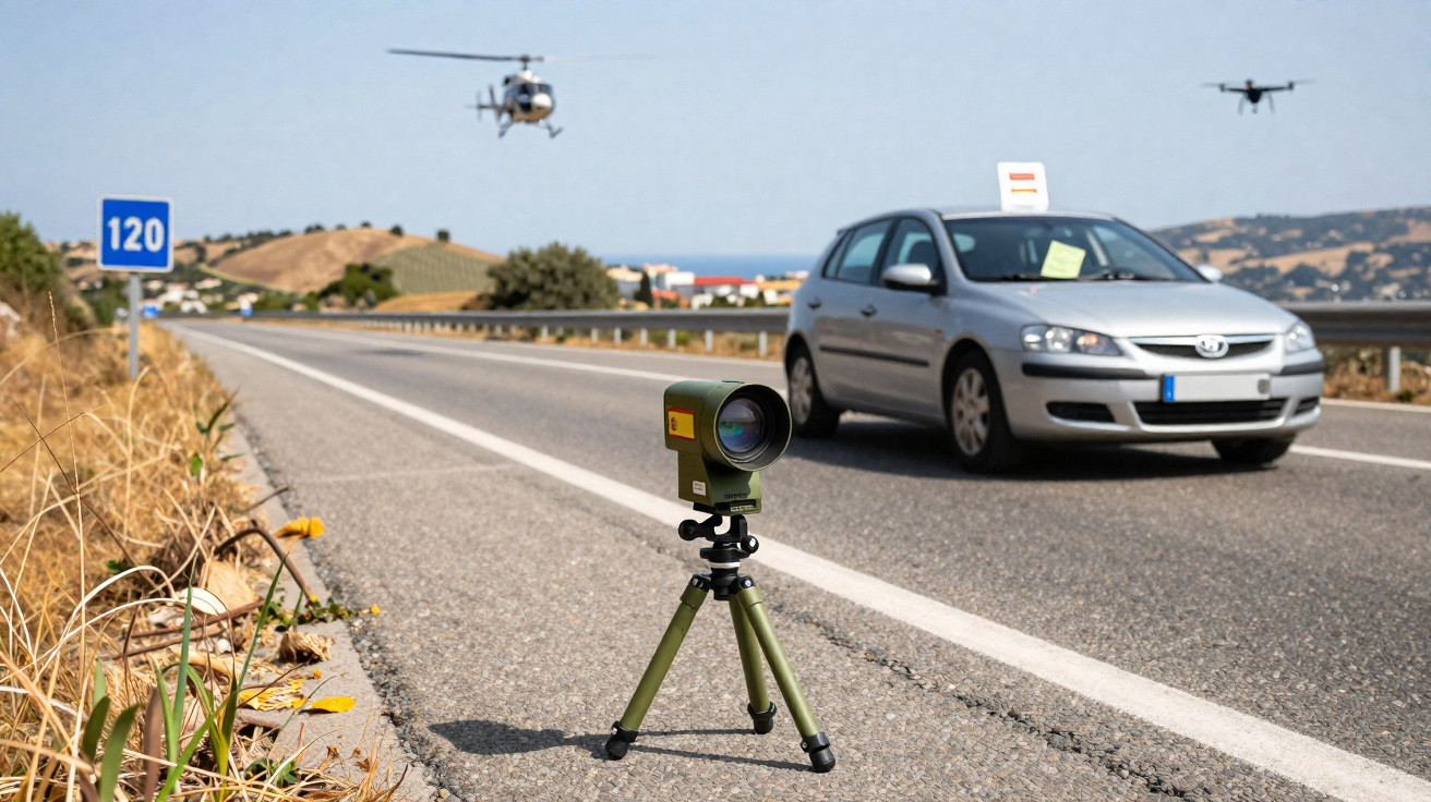 Radar de velocidade em tripé na beira da estrada com carro, helicóptero e drone ao fundo.
