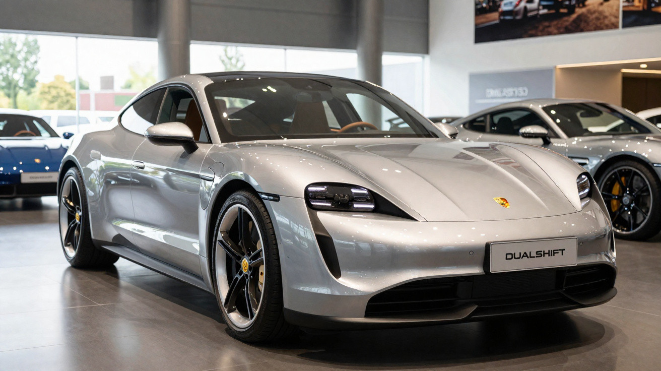 Carro esportivo elétrico Porsche Taycan prata exposto em showroom moderno e iluminado.