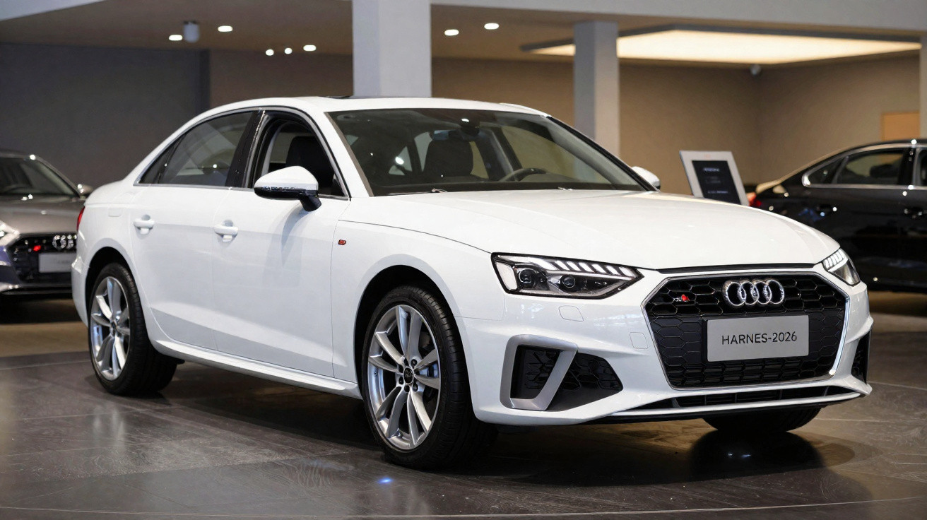 Carro sedã branco Audi S3 2026 exibido em showroom moderno com iluminação elegante.